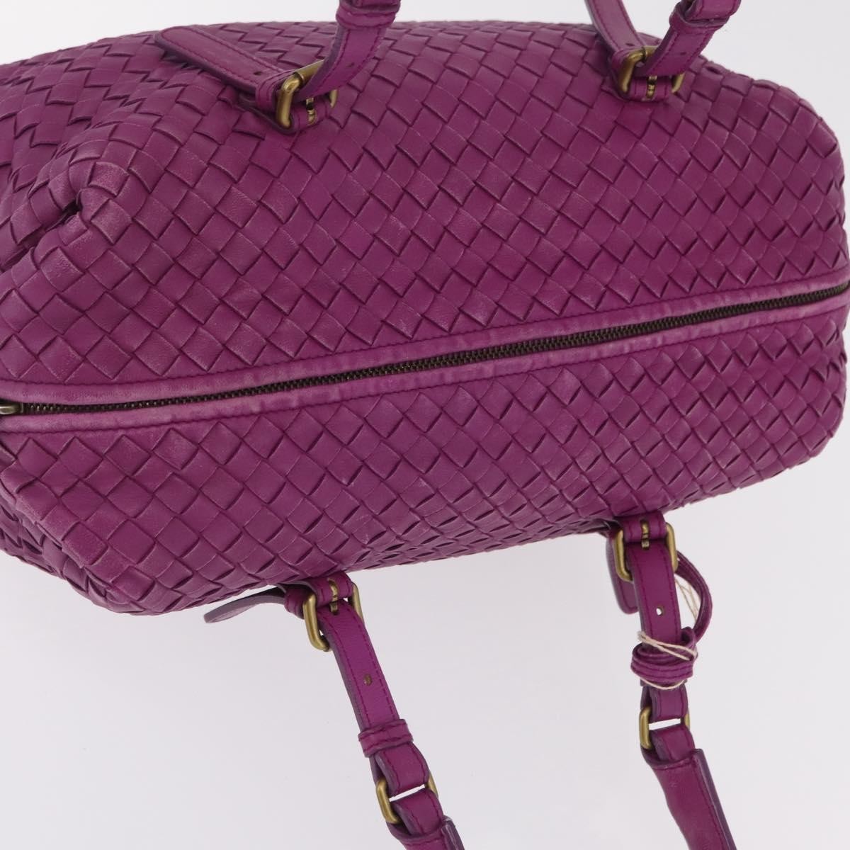 Bottega Veneta New Boston Intrecciato Nappa Purple Leather Handbag (Pre-Owned)