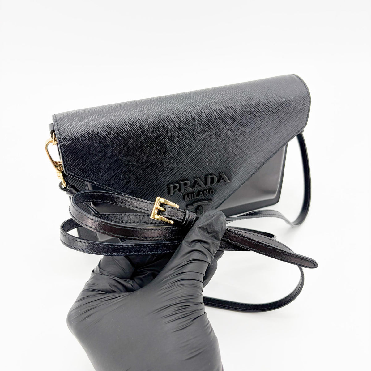 Prada Envelope Clutch Saffiano Leather Black Leather Clutche & Pouche Bag (Pre-Owned)