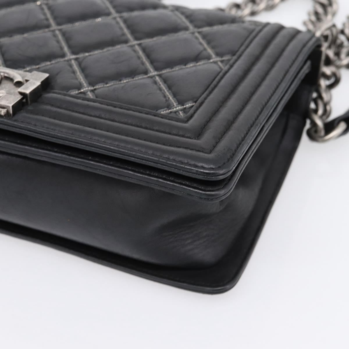 Chanel Boy Flap Quilted Calfskin With Micro Chain Detail Black Leather Shoulder Bag Bag (Pre-Owned)