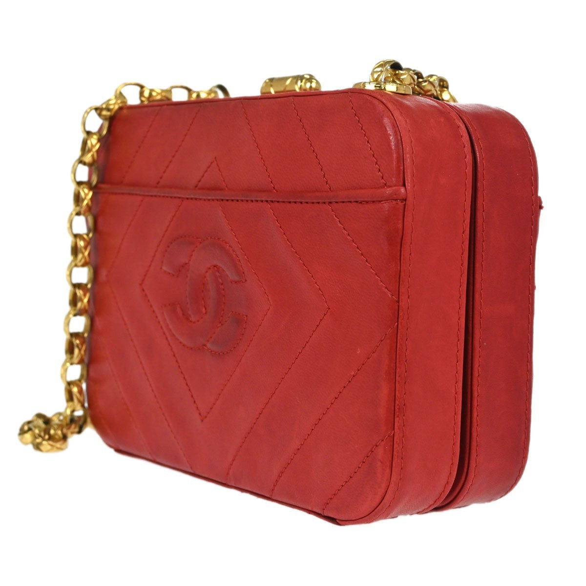 Chanel Camera Chevron Lambskin Red Leather Handbag (Pre-Owned)