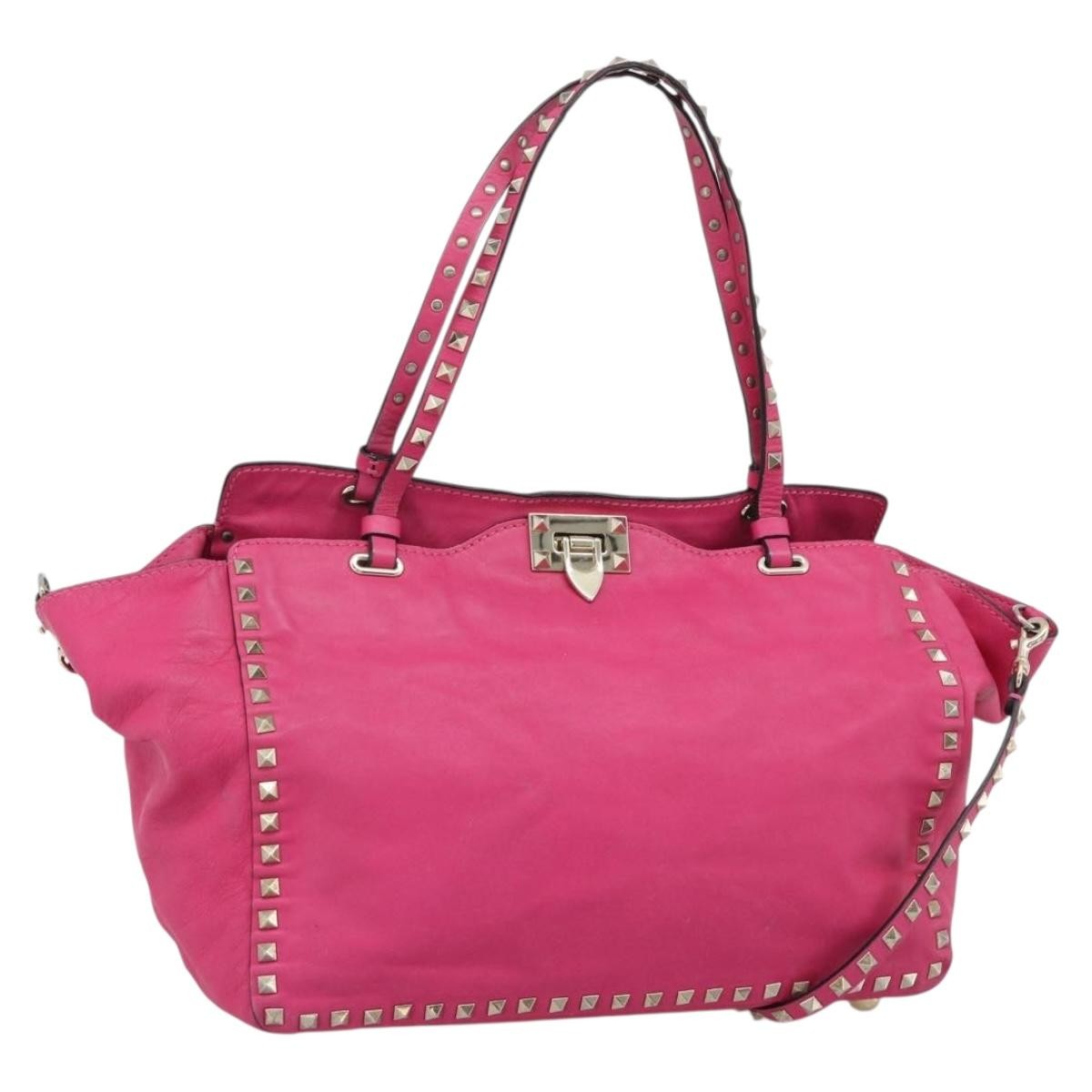 Valentino Garavani Rockstud Tote Textured Leather Pink Leather Tote Bag Bag (Pre-Owned)