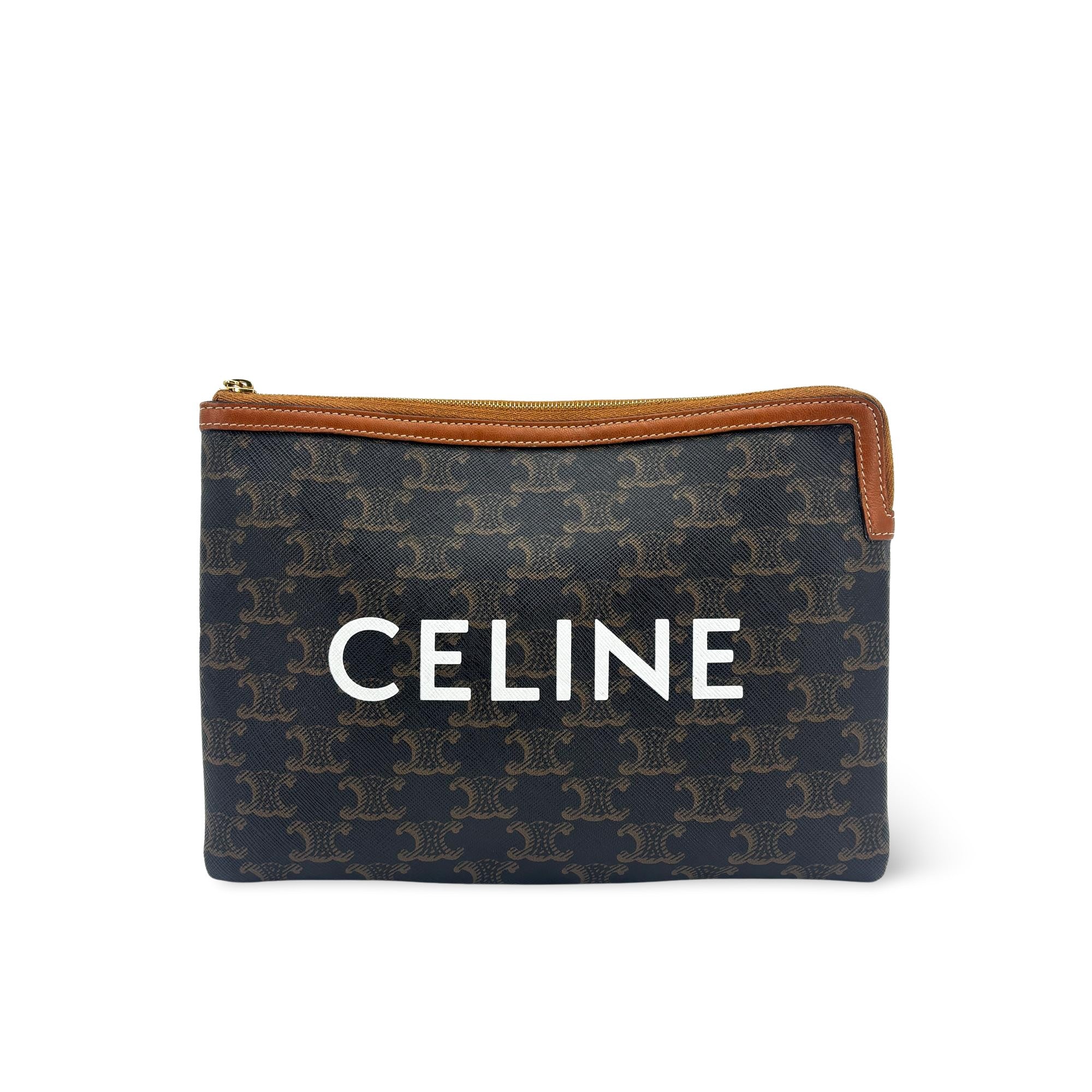 Celine Logo Zip Wristlet Triomphe Coated Canvas Black Canvas Clutche & Pouche Bag (Pre-Owned)