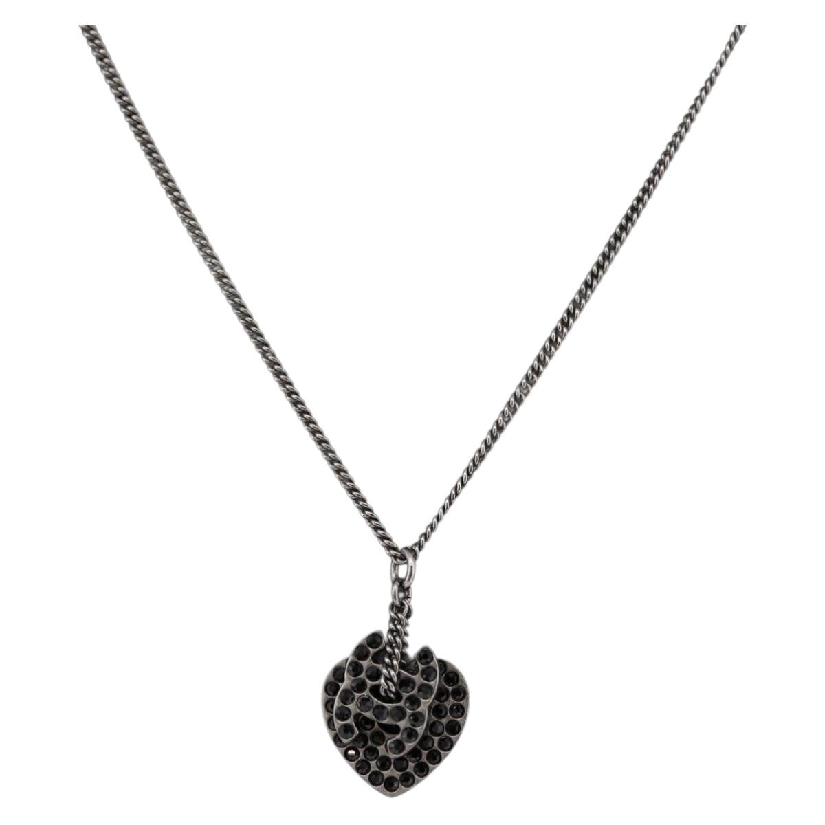 Chanel Coco Long Metal With Faux Pearls And Crystals Black Metal Necklace Jewelry (Pre-Owned)