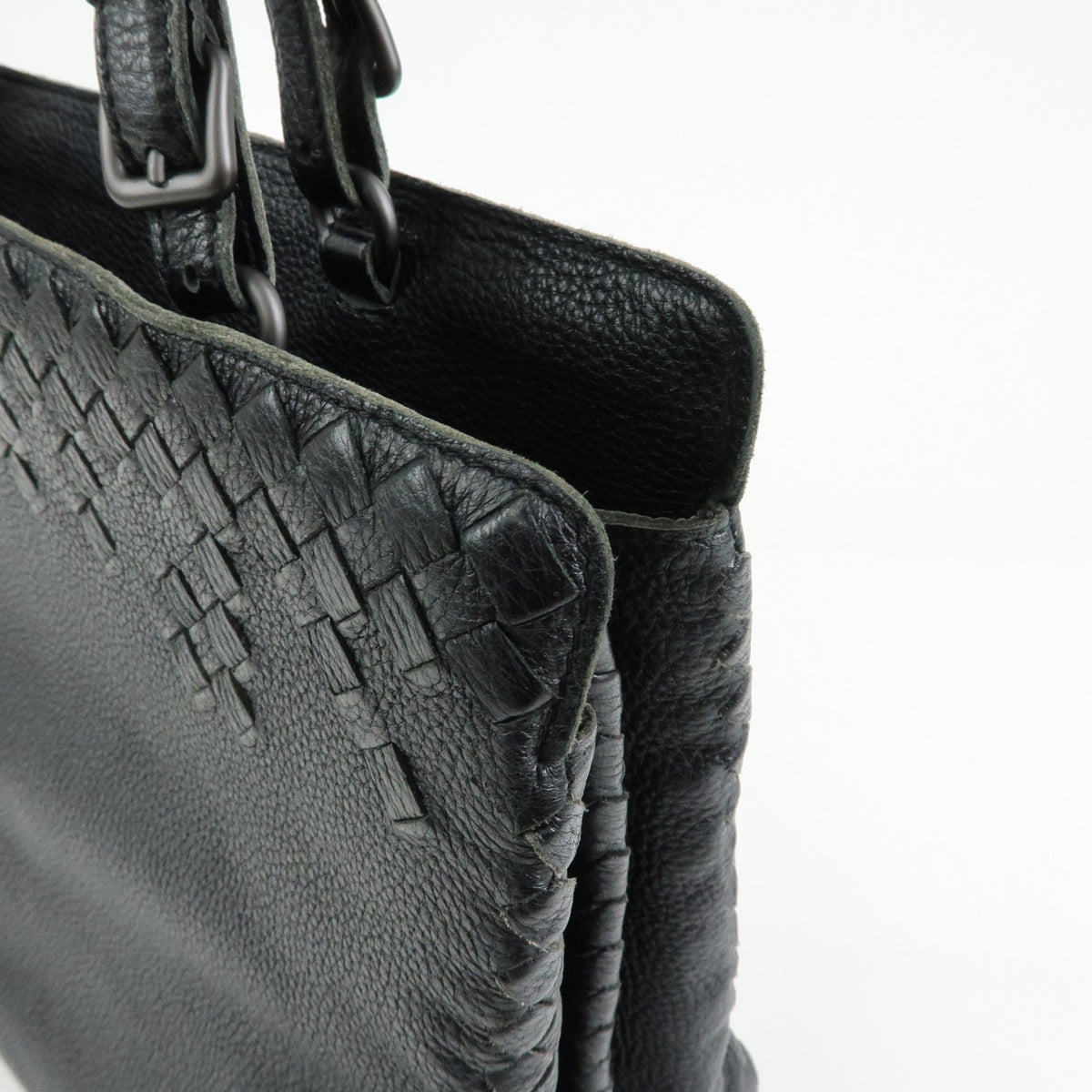 Bottega Veneta A-Shape Leather With Intrecciato Detail Black Leather Tote Bag Bag (Pre-Owned)