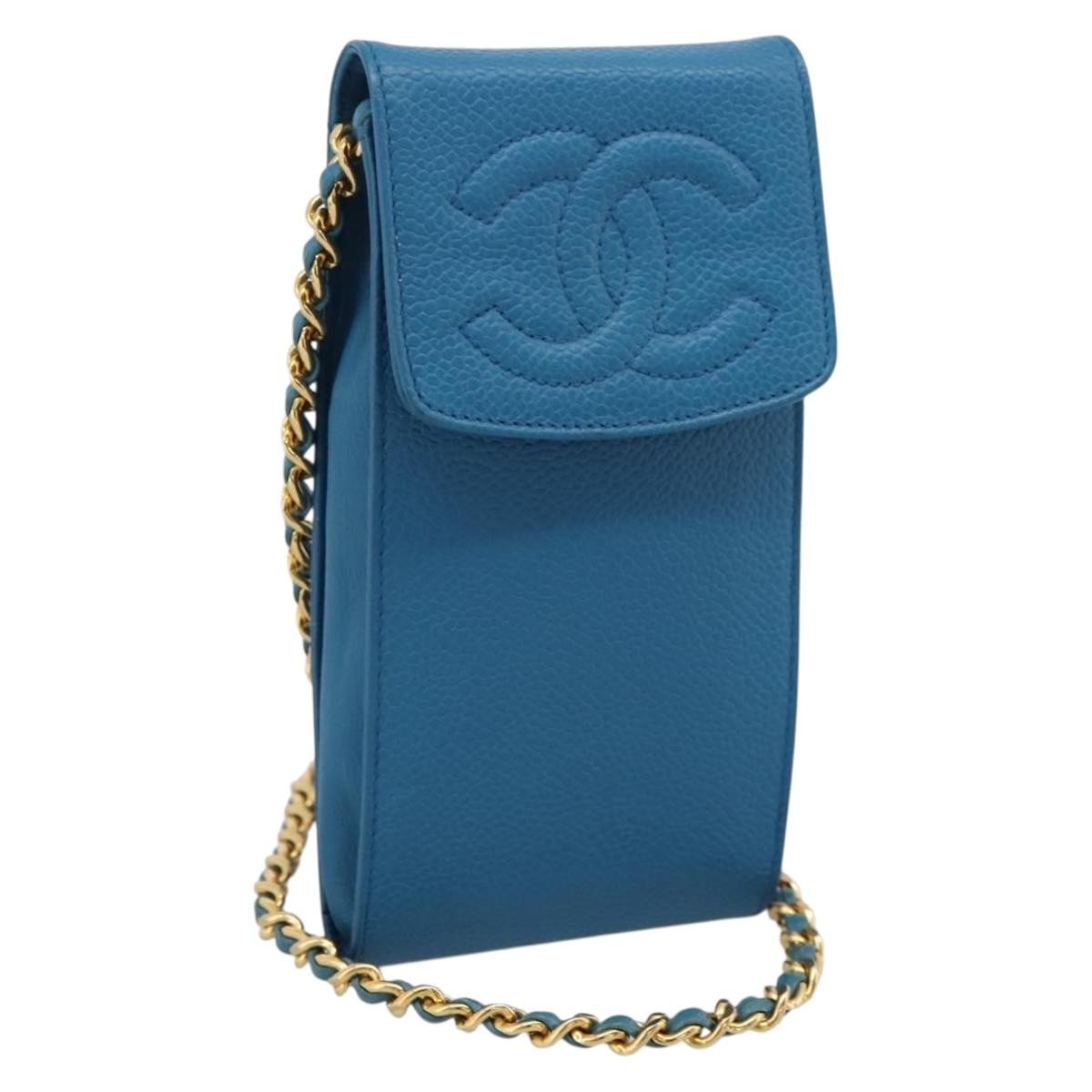 Chanel Vintage Cc Phone Holder Caviar Blue Leather Clutche & Pouche Bag (Pre-Owned)