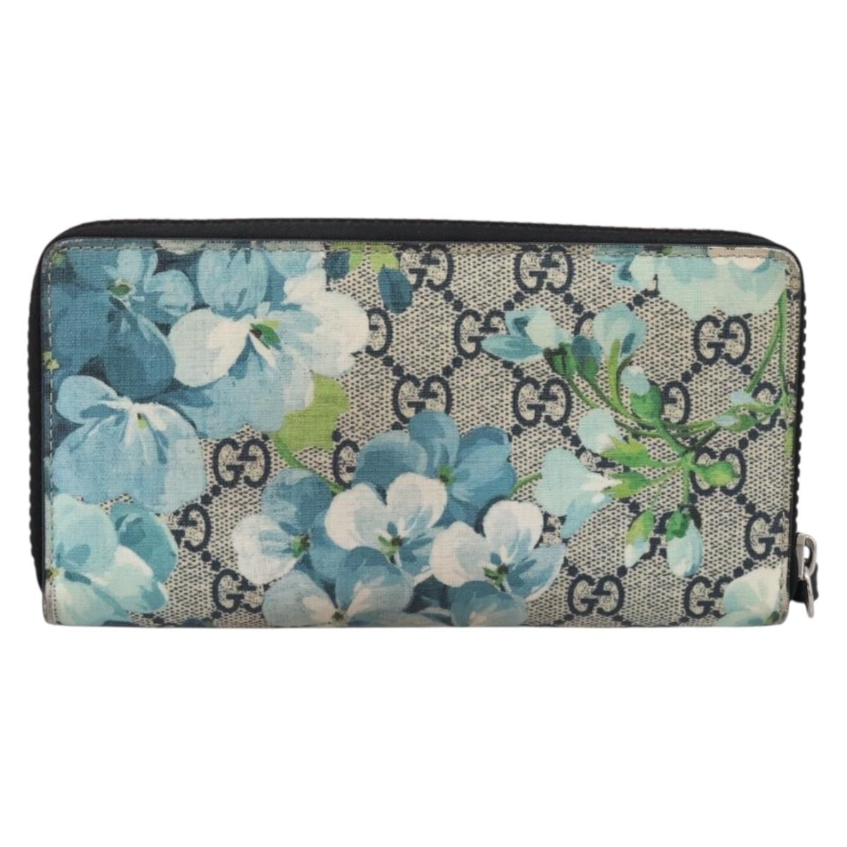 Gucci Zip Around Blooms Print Gg Coated Canvas Blue Pvc Wallets Accessory (Pre-Owned)