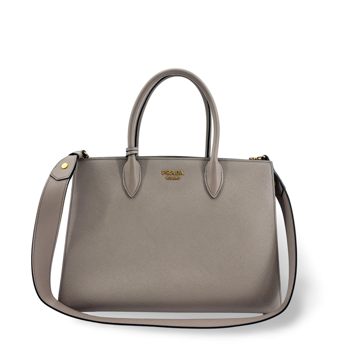 Prada Side Pleat Saffiano Leather Gray Leather Tote Bag Bag (Pre-Owned)