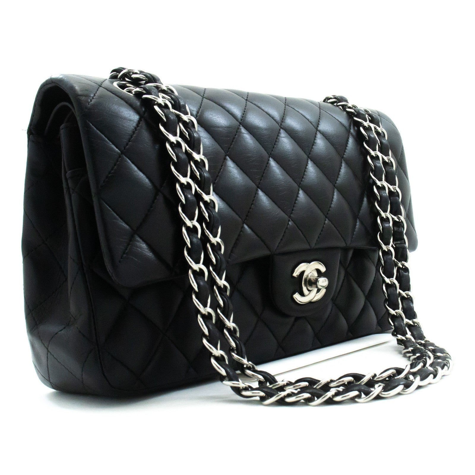 Chanel Classic Double Flap Quilted Lambskin Black Leather Handbag (Pre-Owned)