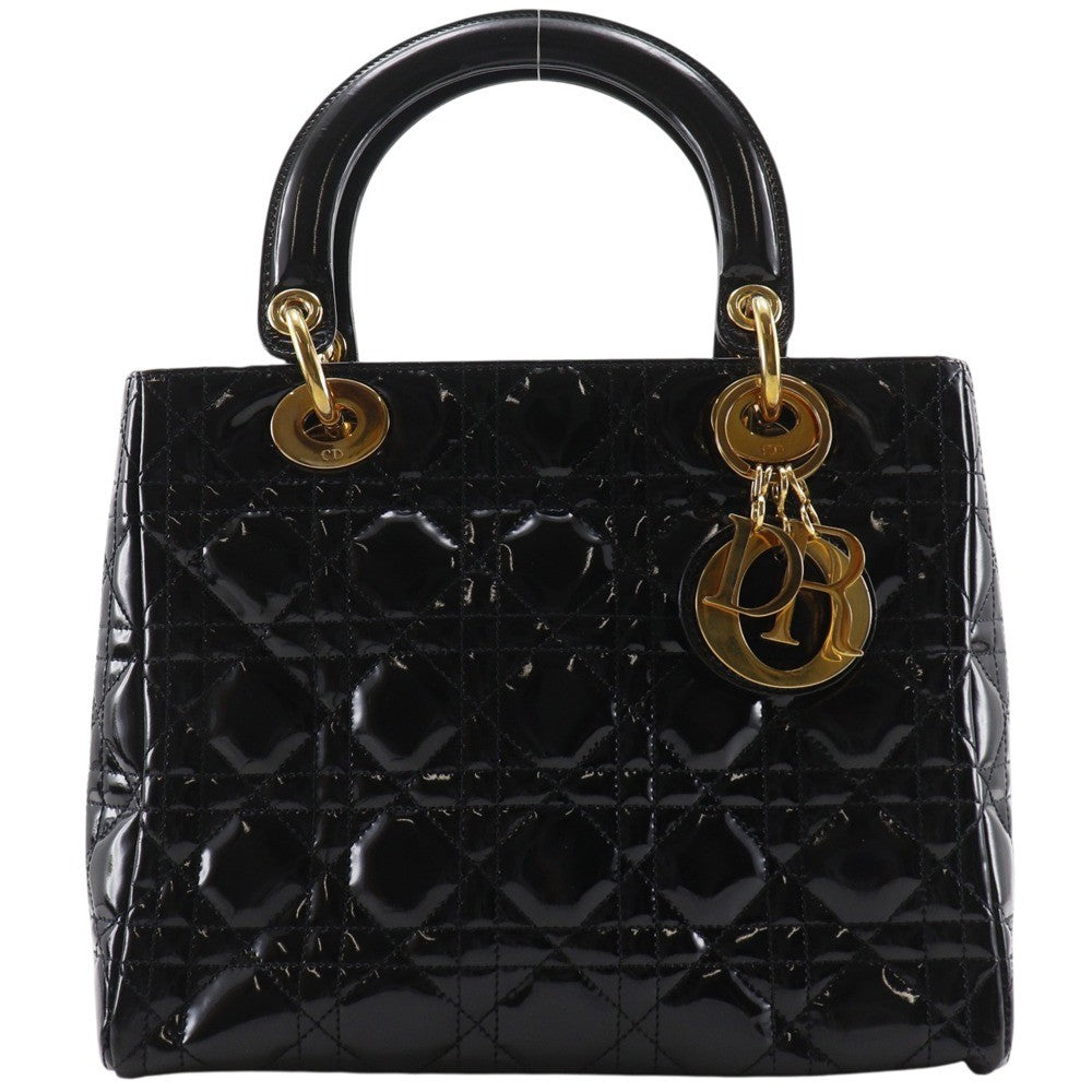 Christian Dior Lady Dior Nm Cannage Quilt Patent Black Patent_Leather Tote Bag Bag (Pre-Owned)