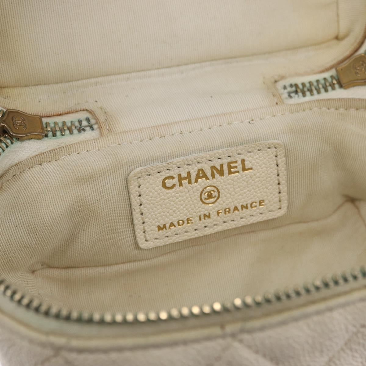 Chanel Top Handle Zip Around Vanity Case With Chain Quilted Caviar White Leather Handbag (Pre-Owned)