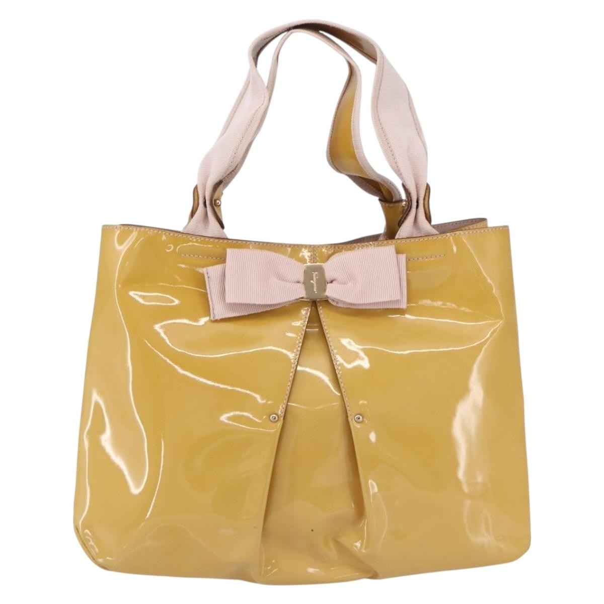 Salvatore Ferragamo Vala Patent Leather Yellow Patent_Leather Handbag (Pre-Owned)