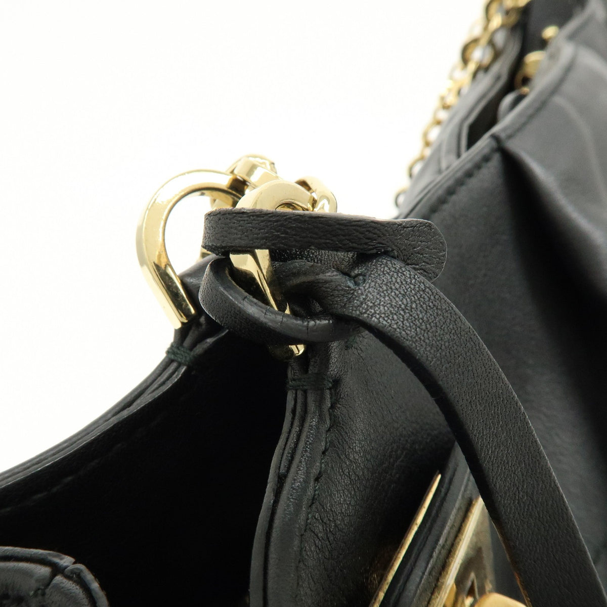 Salvatore Ferragamo W Chain Leather Black Leather Tote Bag Bag (Pre-Owned)