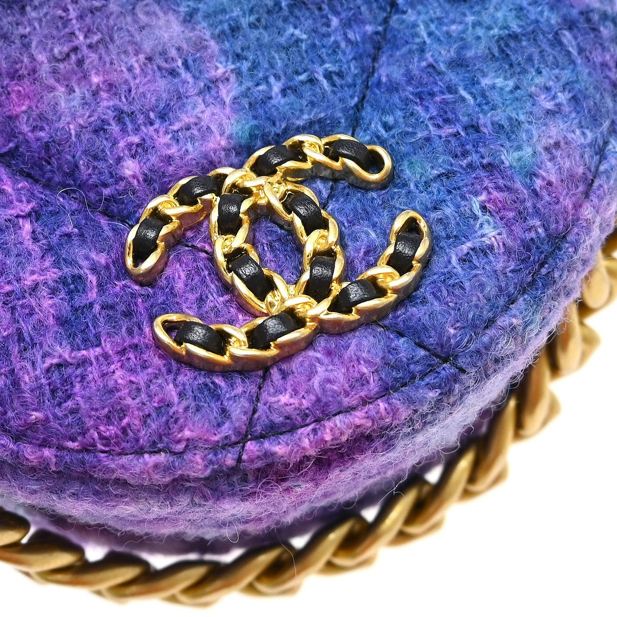 Chanel 19 Round Clutch With Chain Quilted Tweed Purple Tweed Shoulder Bag Bag (Pre-Owned)