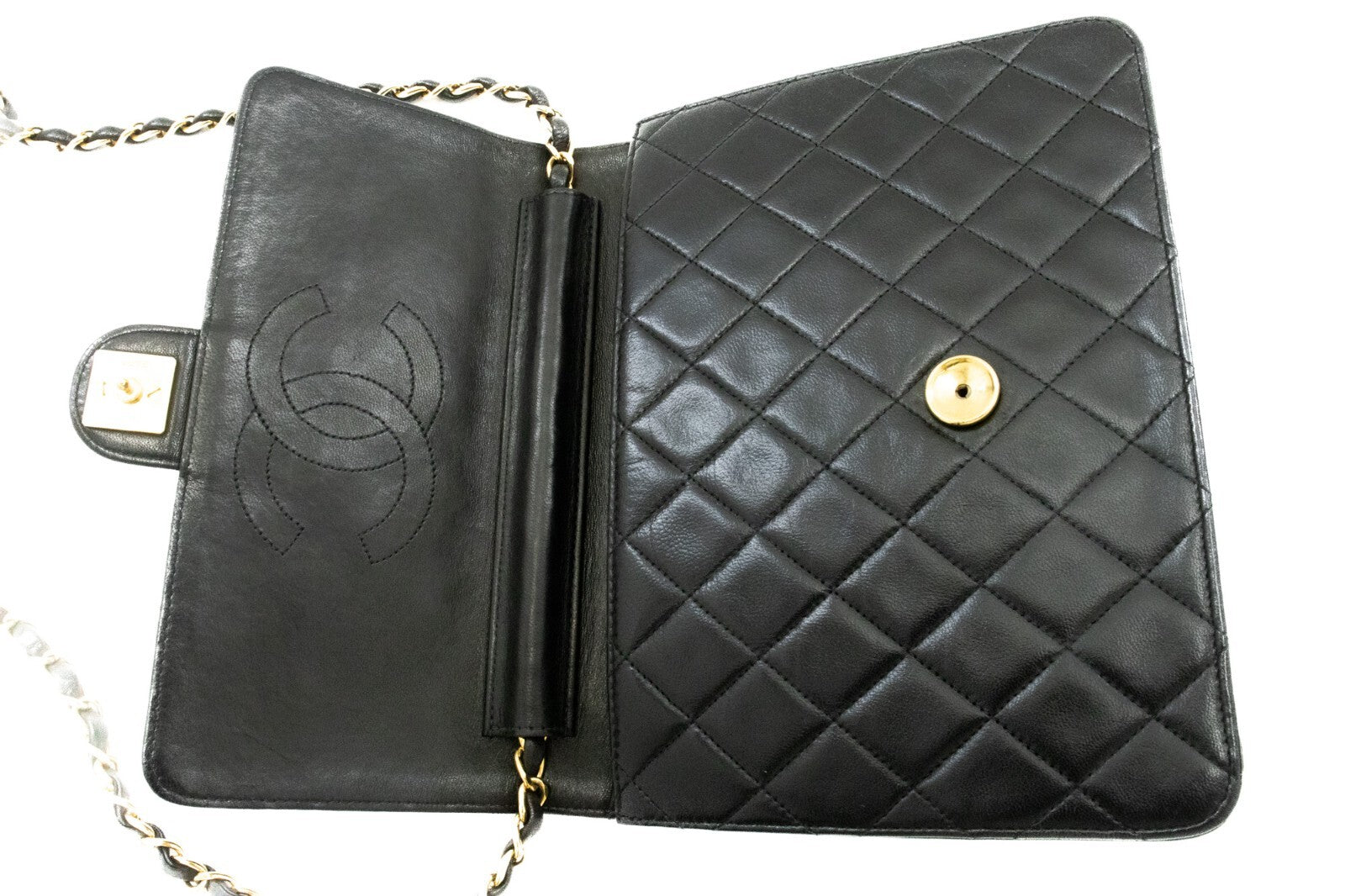 Chanel Vintage Full Flap Quilted Lambskin Black Leather Shoulder Bag Bag (Pre-Owned)