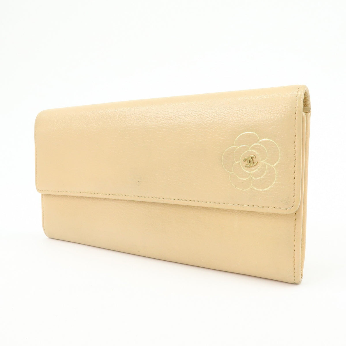 Chanel Camellia Flap Leather Beige Calfskin Wallets Accessory (Pre-Owned)