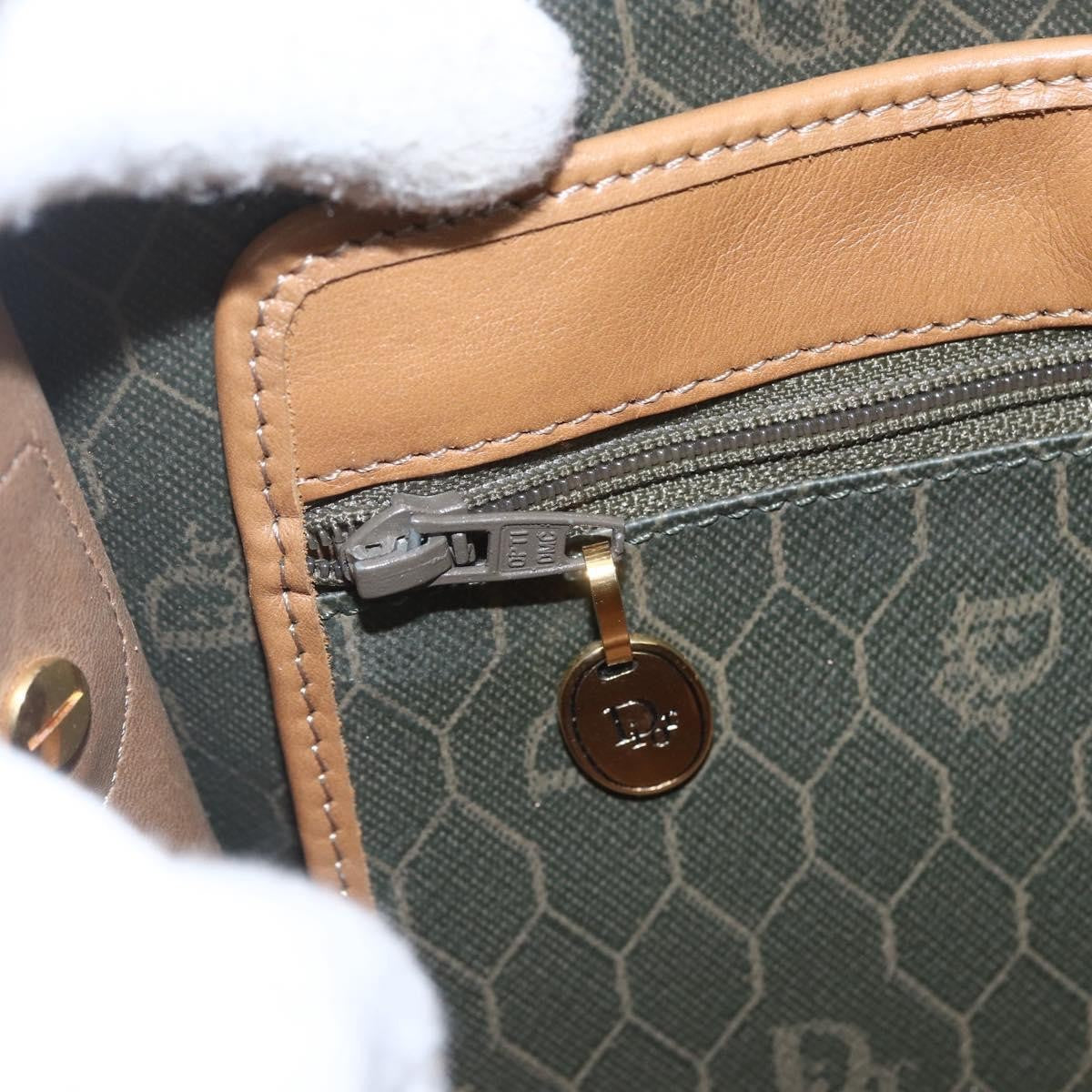 Christian Dior Vintage Honeycomb Flap Canvas And Leather Khaki Canvas Shoulder Bag Bag (Pre-Owned)