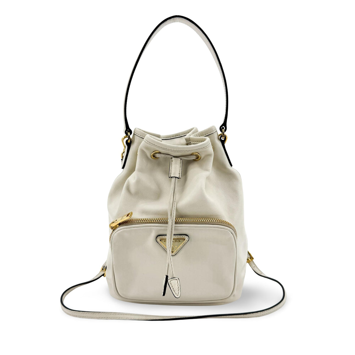Prada Duet Drawstring Bucket Leather White Leather Handbag (Pre-Owned)