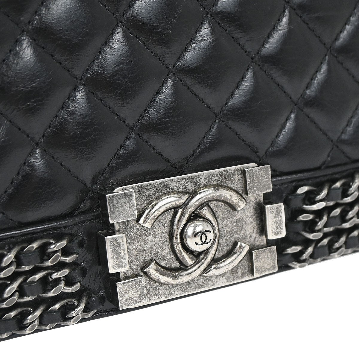Chanel Boy Flap Quilted Glazed Calfskin Black Leather Handbag (Pre-Owned)