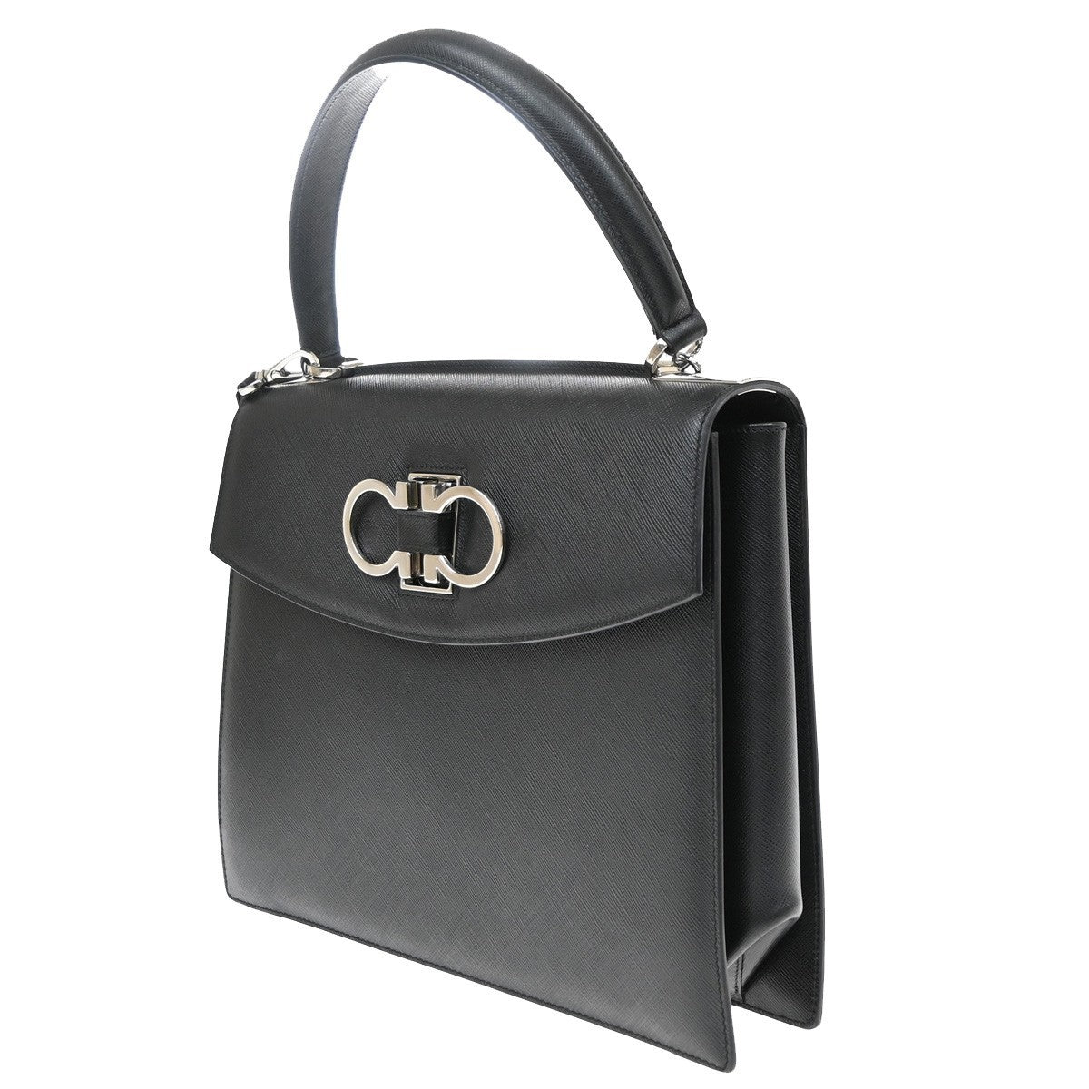 Salvatore Ferragamo Double Gancini Top Handle Saffiano Leather Black Leather Handbag (Pre-Owned)