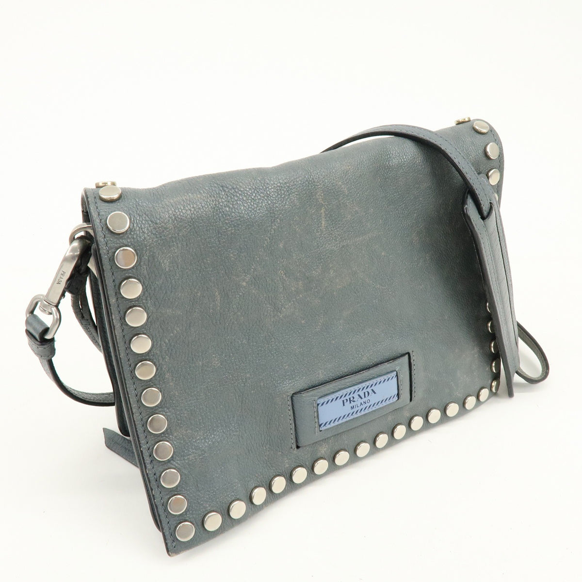 Prada Etiquette Flap Studded Tessuto Gray Leather Handbag (Pre-Owned)