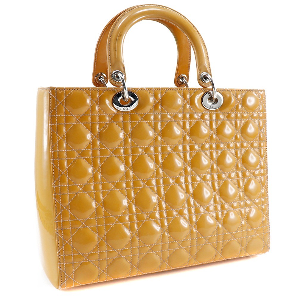 Christian Dior Lady Dior Cannage Quilt Metallic Leather Black Patent_Leather Handbag (Pre-Owned)