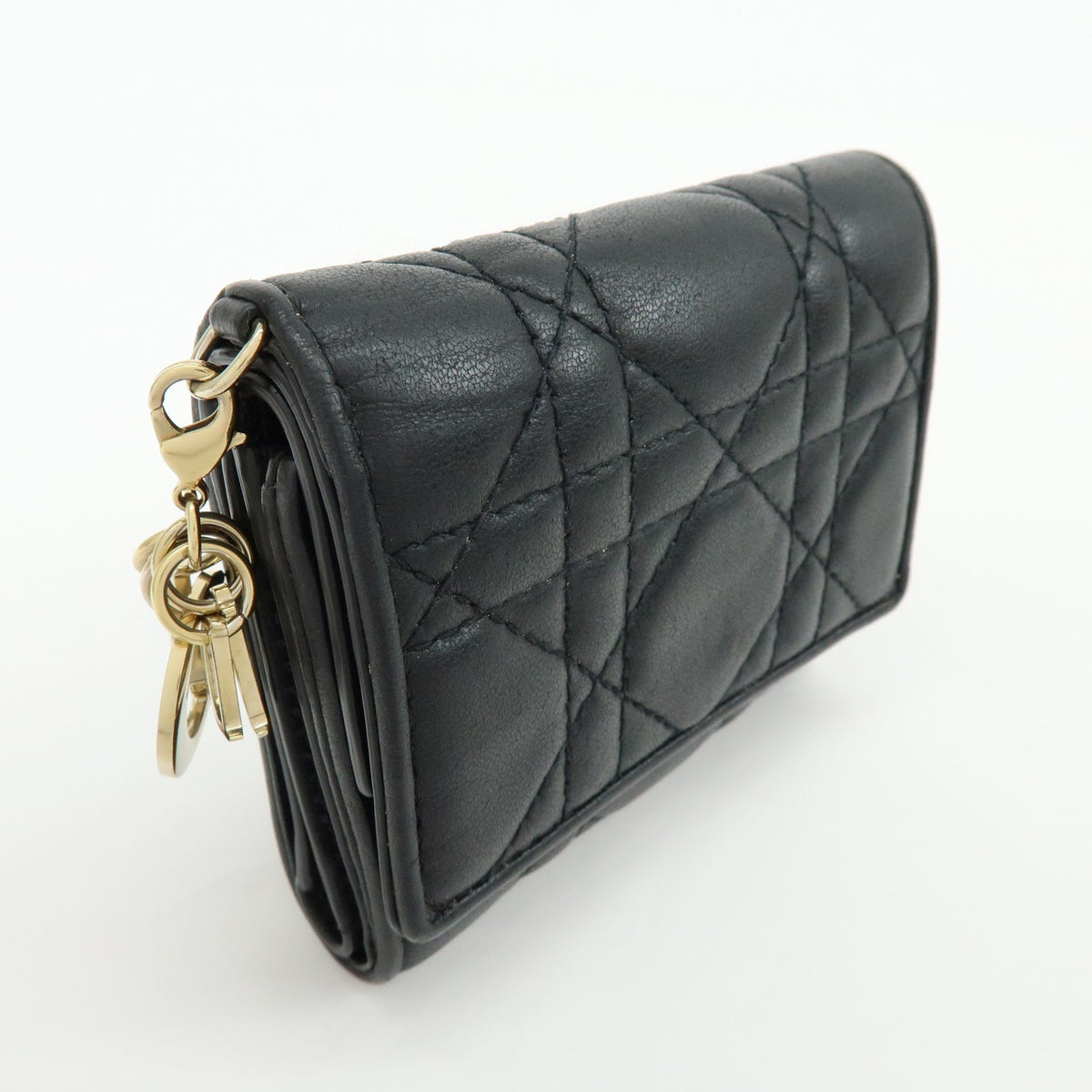 Christian Dior Lady Dior Lotus Cannage Quilt Lambskin Black Leather Wallets Accessory (Pre-Owned)