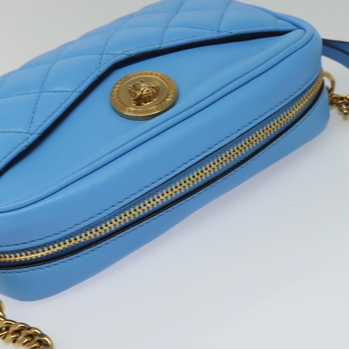 Versace Medusa Icon Front Slip Pocket Camera Quilted Leather Blue Leather Shoulder Bag Bag (Pre-Owned)