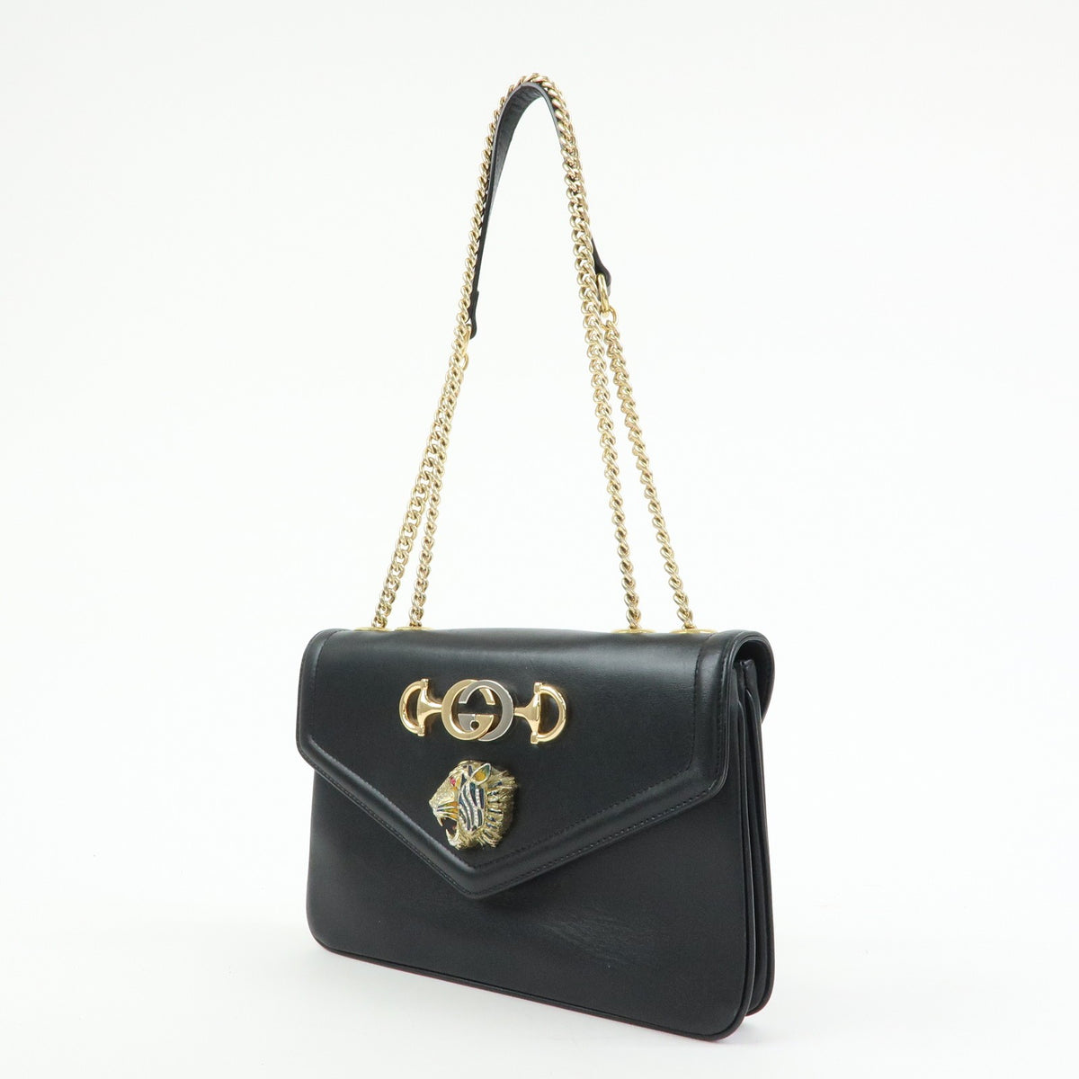 Gucci Rajah Chain Leather Black Leather Tote Bag Bag (Pre-Owned)