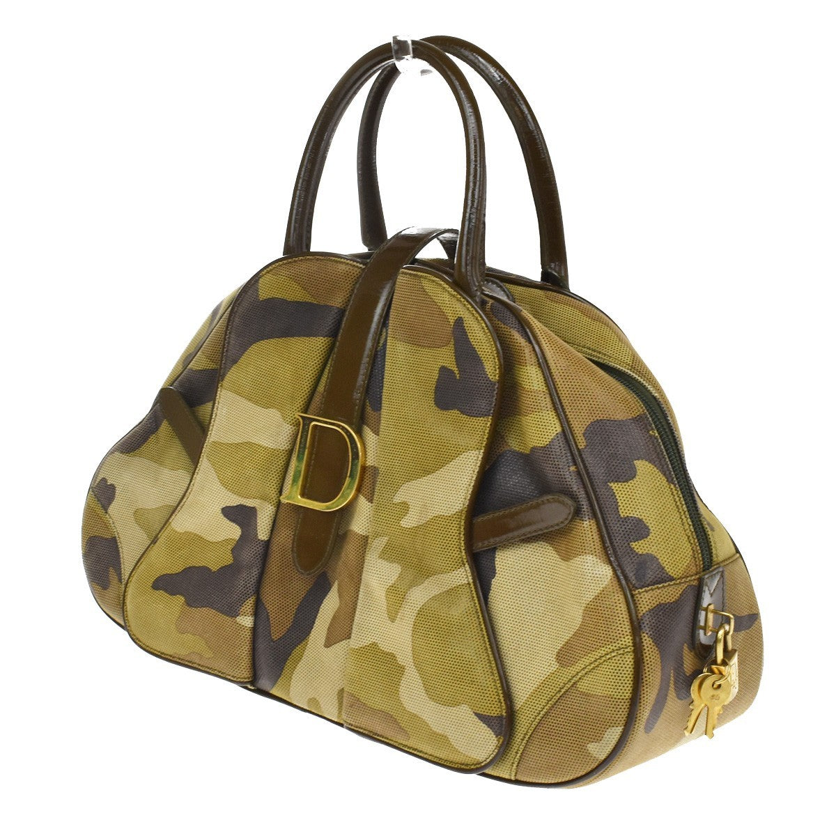Christian Dior Vintage Saddle Bowler Camouflage Printed Pixelated Leather Khaki Canvas Handbag (Pre-Owned)