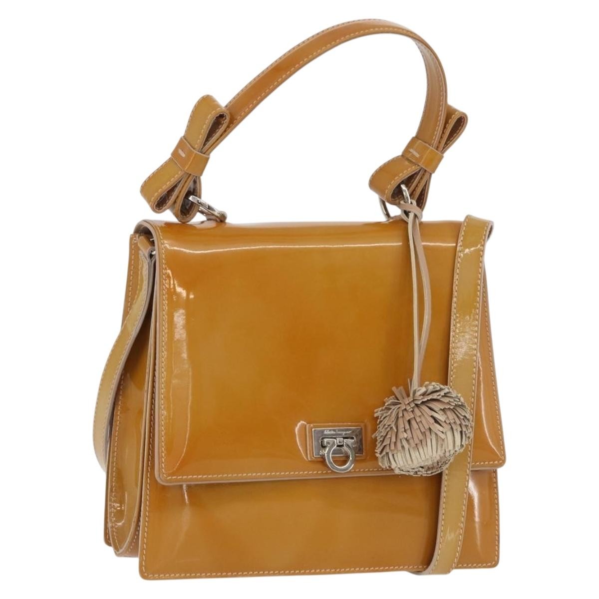 Salvatore Ferragamo Gancini Patent Leather Beige Patent_Leather Handbag (Pre-Owned)