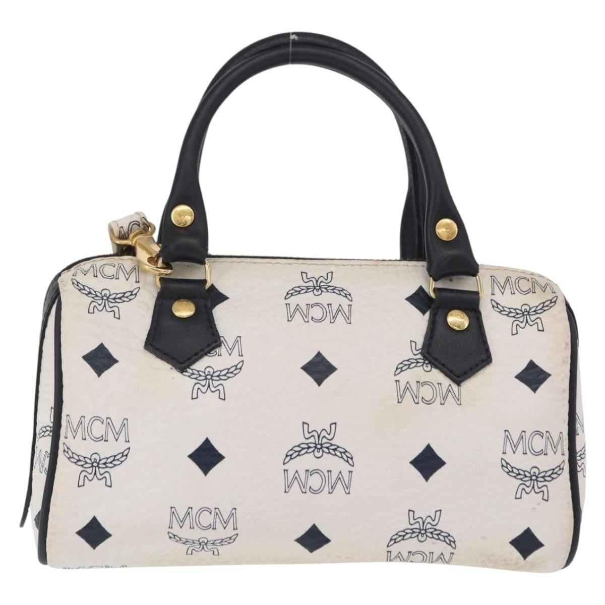 MCM Vicetos Logogram Boston White Canvas Travel Bag Bag (Pre-Owned)