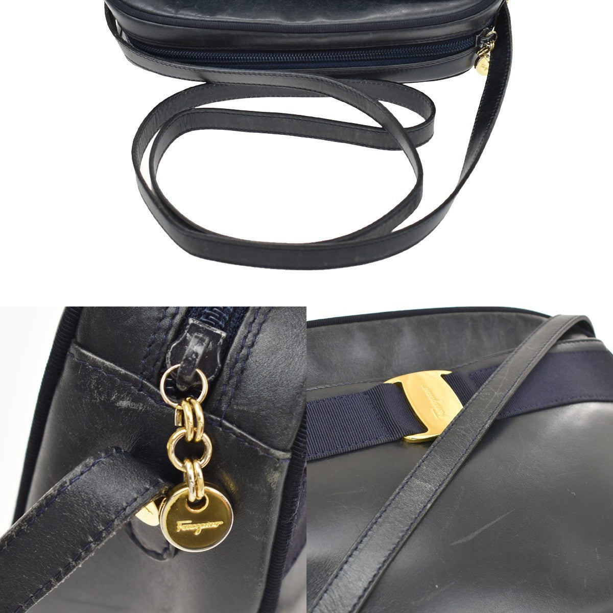 Salvatore Ferragamo Vara Bow Camera Leather Navy Leather Shoulder Bag Bag (Pre-Owned)