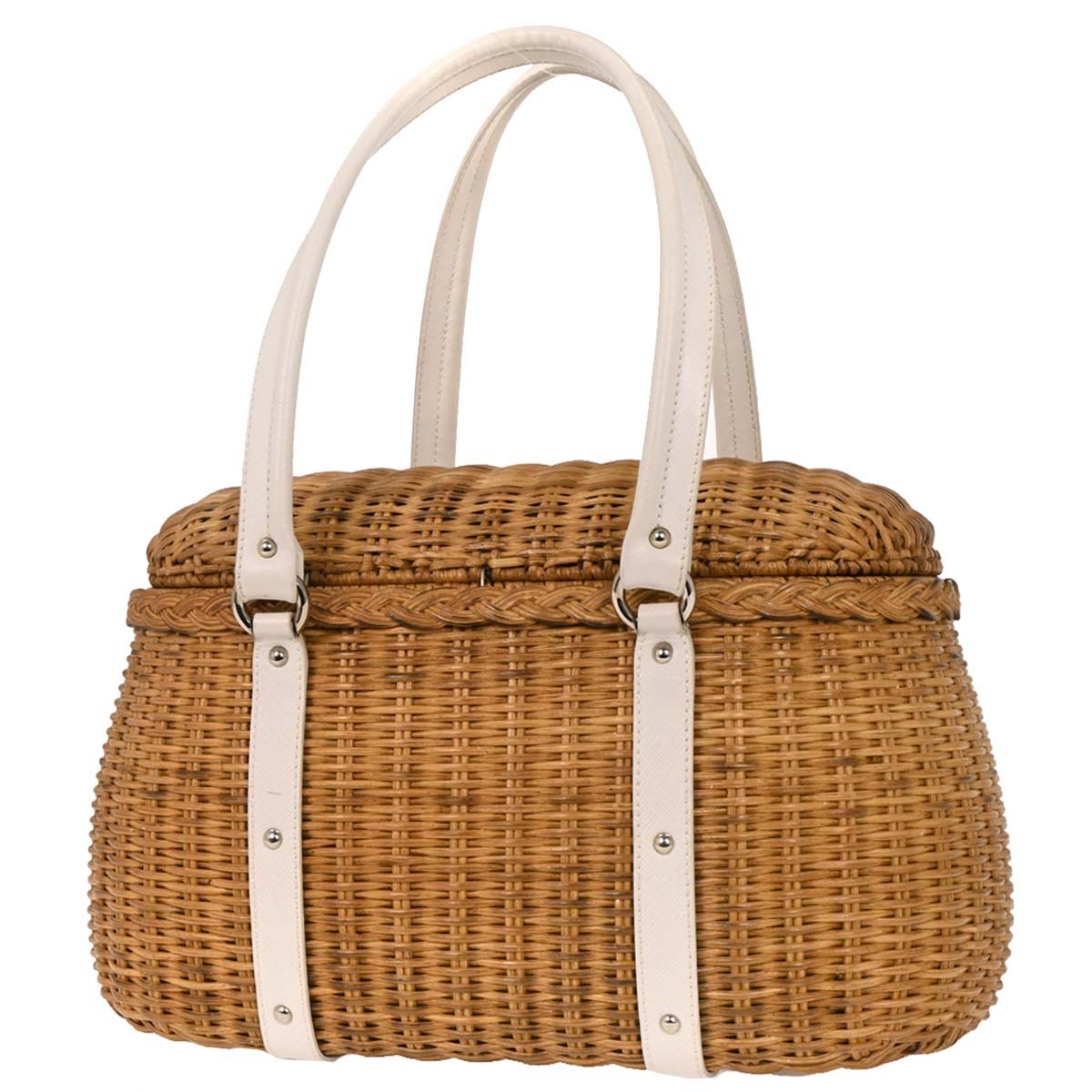 Salvatore Ferragamo Basket Gancini Leather And Wicker White Leather Handbag (Pre-Owned)