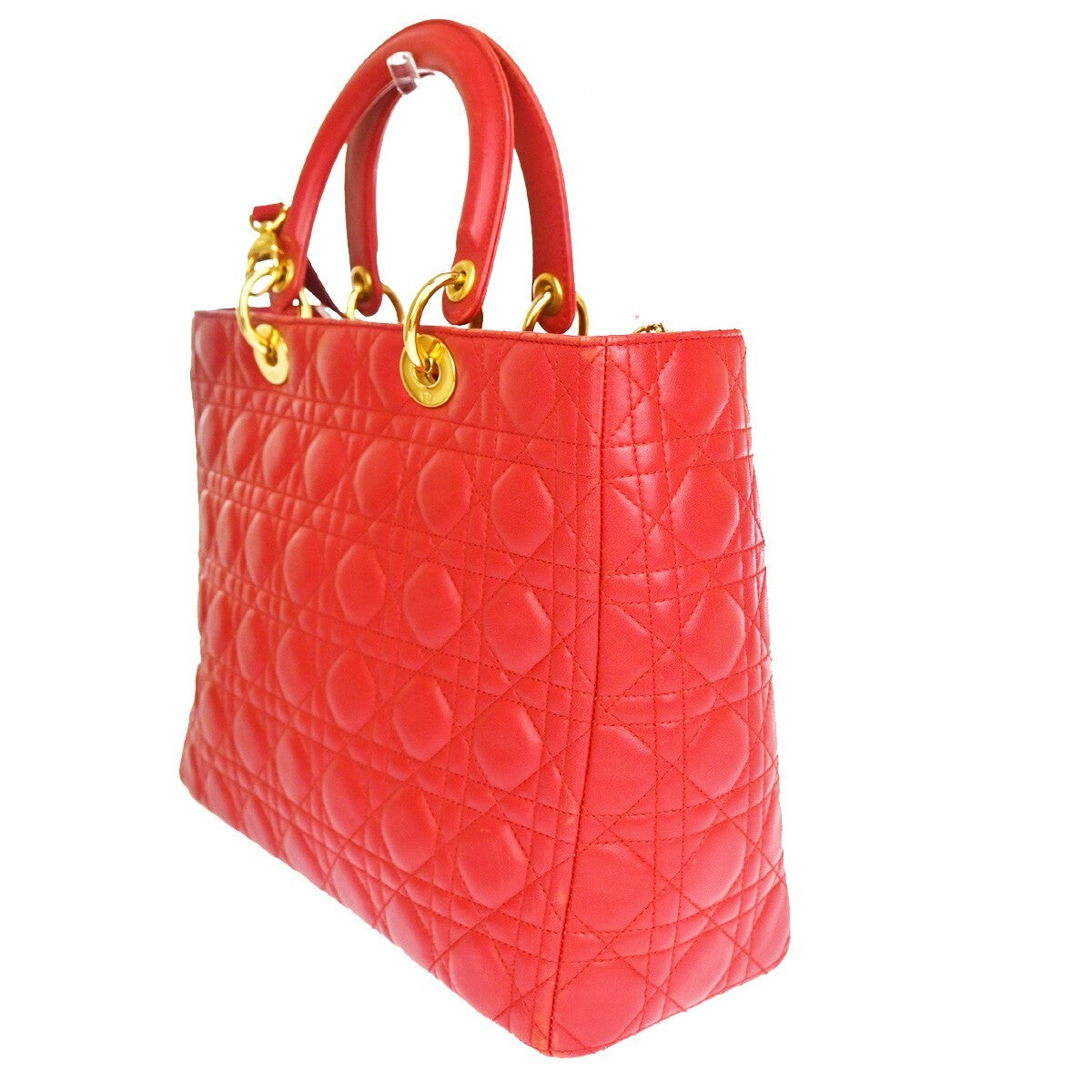 Christian Dior Vintage Lady Dior Cannage Quilt Lambskin Red Leather Bag (Pre-Owned)