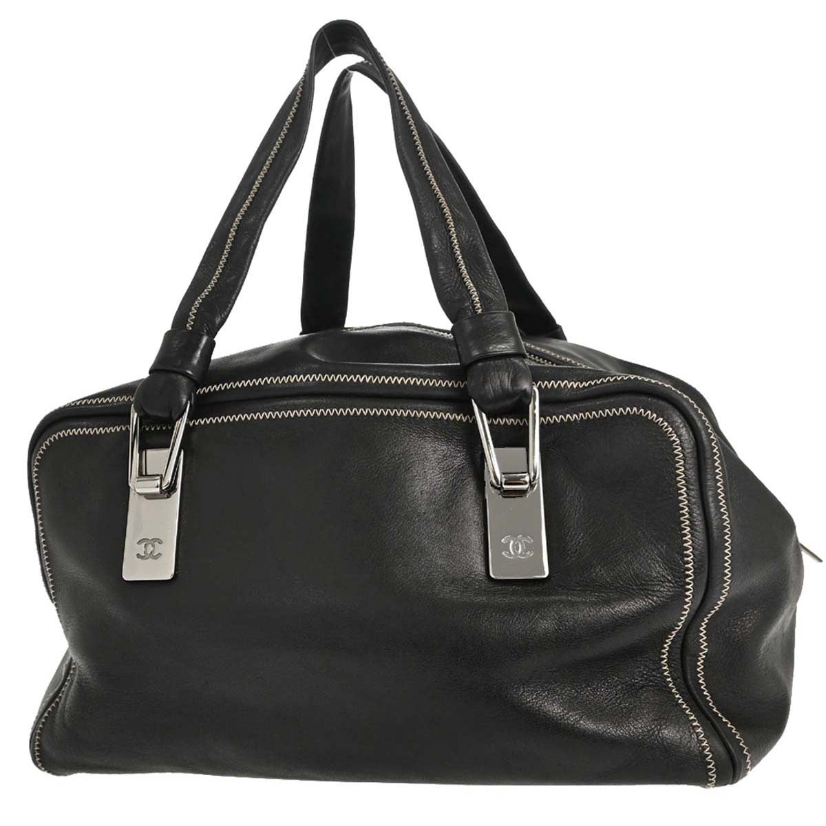 Chanel Vintage Bowler Lambskin Black Leather Handbag (Pre-Owned)