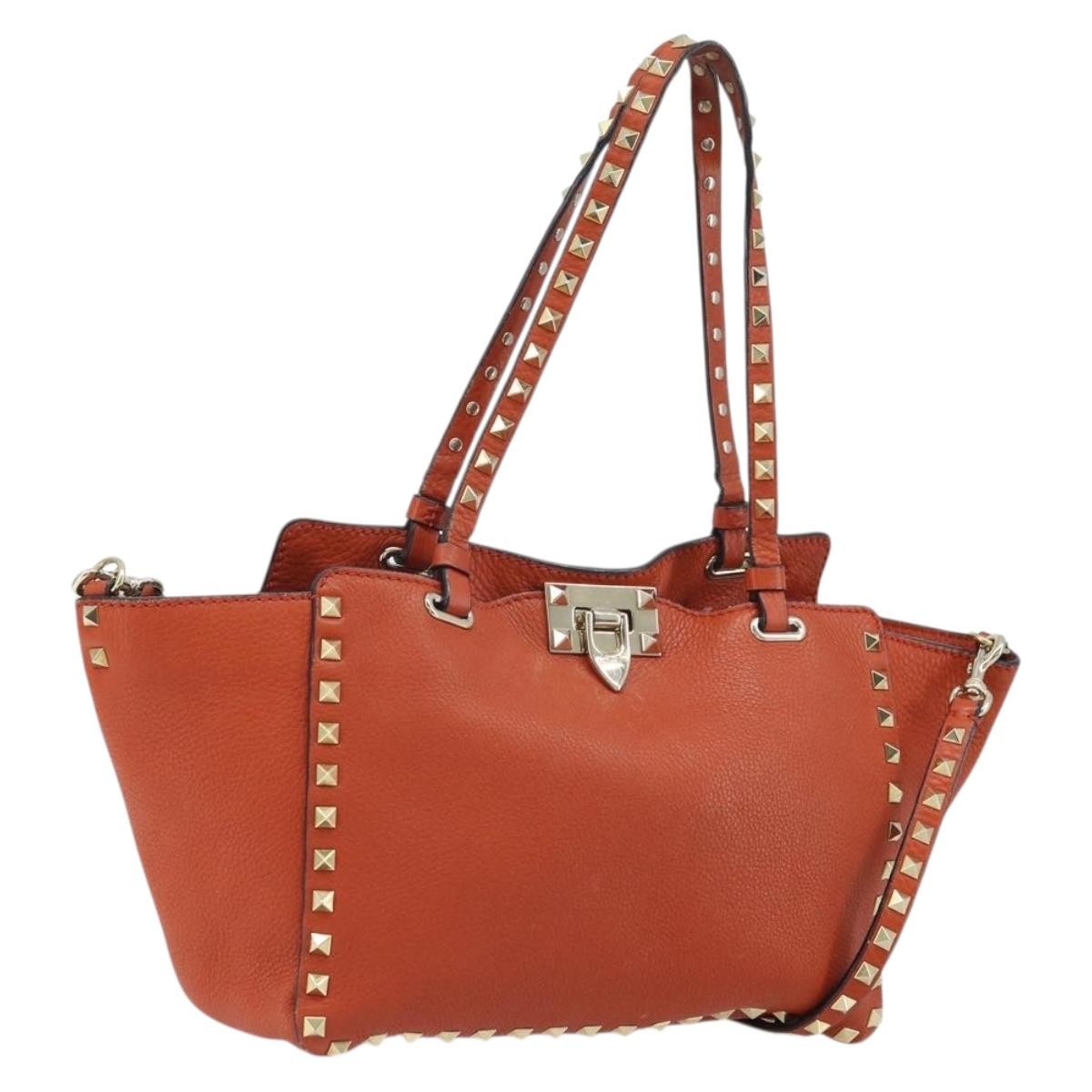 Valentino Garavani 1975 Rockstud Striped Leather Orange Leather Tote Bag Bag (Pre-Owned)