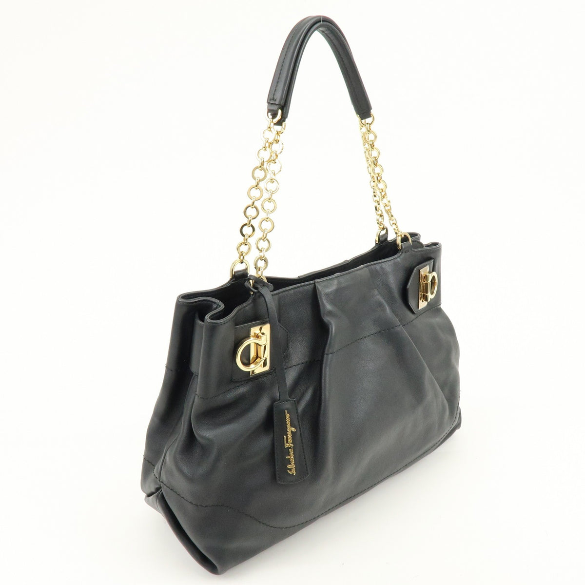Salvatore Ferragamo W Chain Leather Black Leather Tote Bag Bag (Pre-Owned)