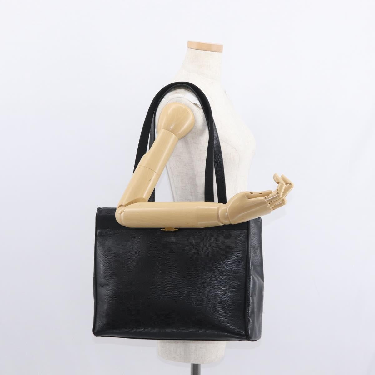 Salvatore Ferragamo Vintage Vara Bow Tote Lizard Embossed Leather Black Leather Tote Bag Bag (Pre-Owned)