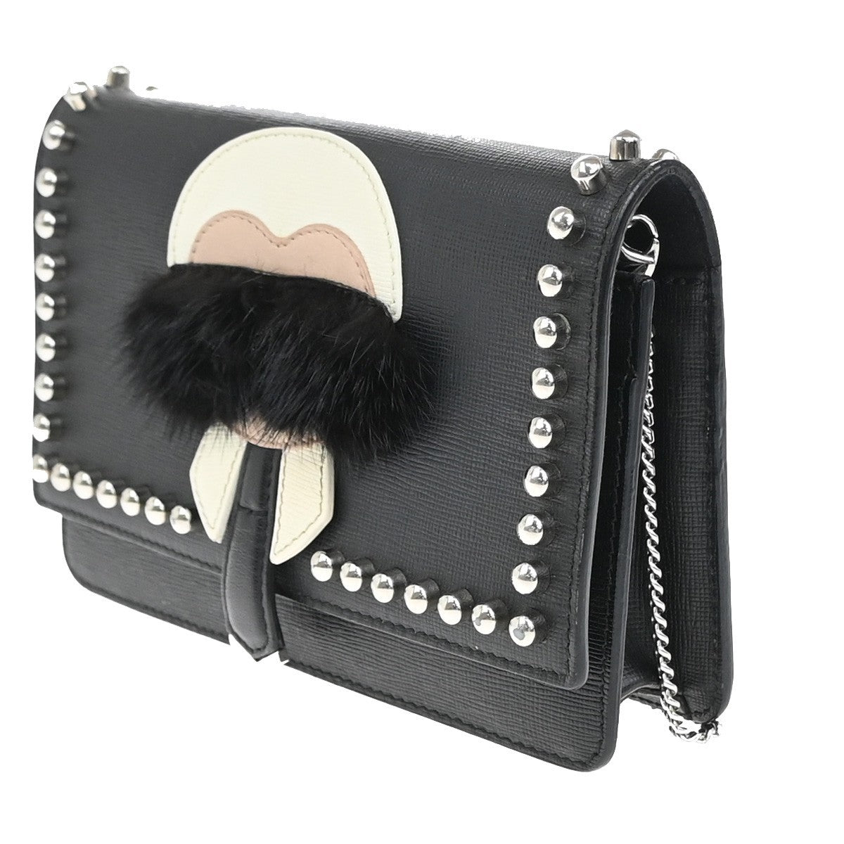 Fendi Karlito Wallet On Chain Studded Saffiano Leather Black Leather Shoulder Bag Bag (Pre-Owned)