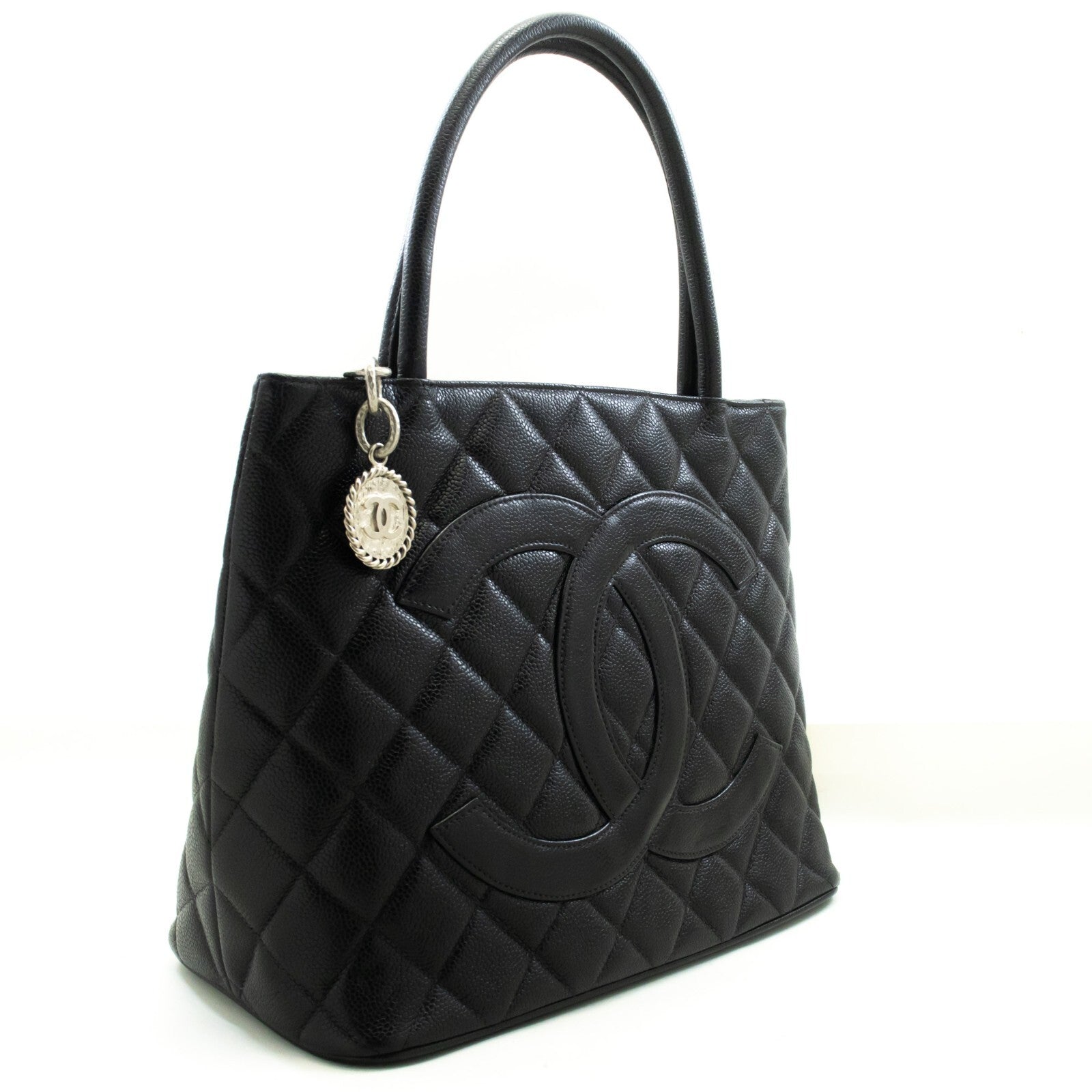 Chanel Medallion Tote Quilted Caviar Black Leather Tote Bag Bag (Pre-Owned)