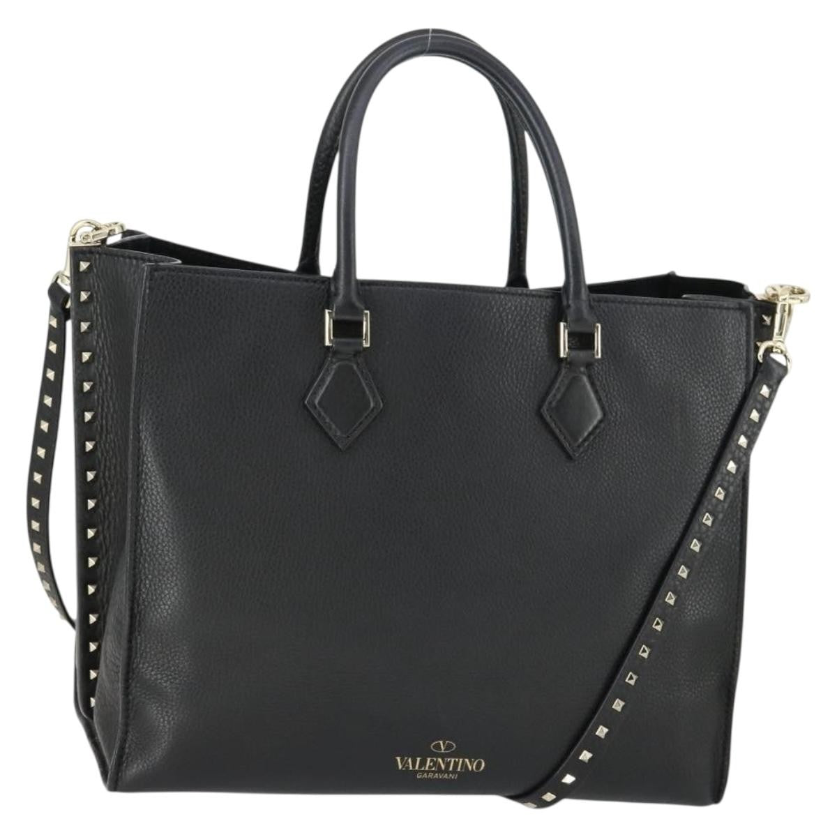 Valentino Garavani Rockstud Open Leather Black Leather Tote Bag Bag (Pre-Owned)