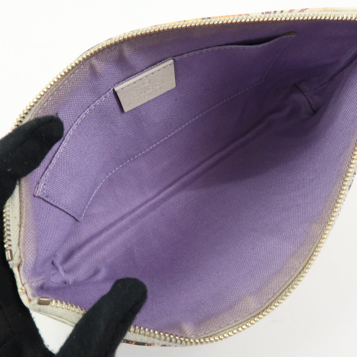 Gucci Bamboo Zip Pouch Flora Leather Beige Leather Clutche & Pouche Bag (Pre-Owned)