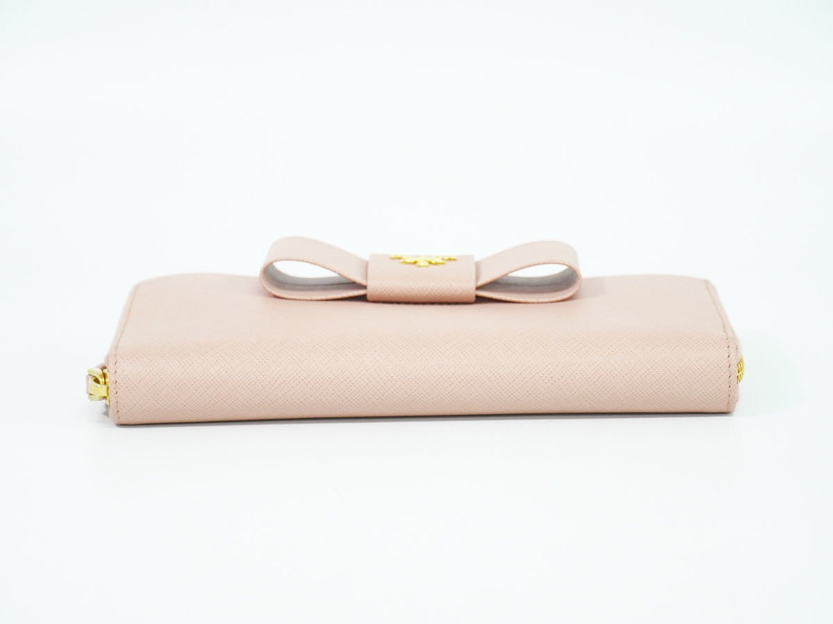 Prada Bow Zip Around Saffiano Leather Pink Leather Wallets Accessory (Pre-Owned)