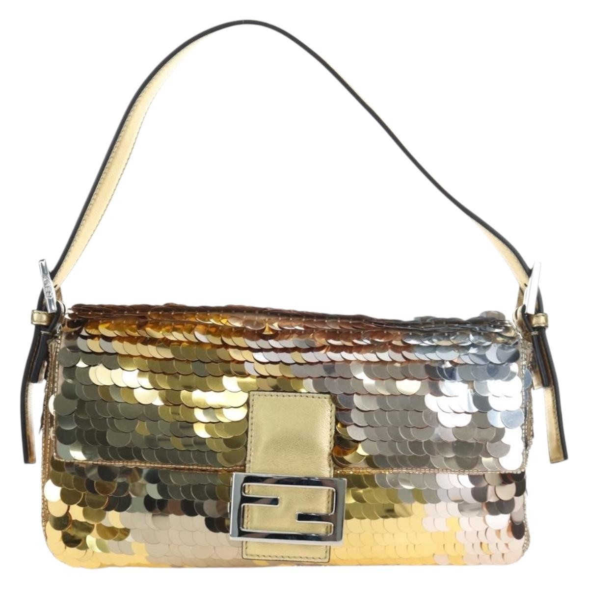 Fendi Mamma Baguette Zucca Jacquard Velvet Gold Leather Shoulder Bag Bag (Pre-Owned)