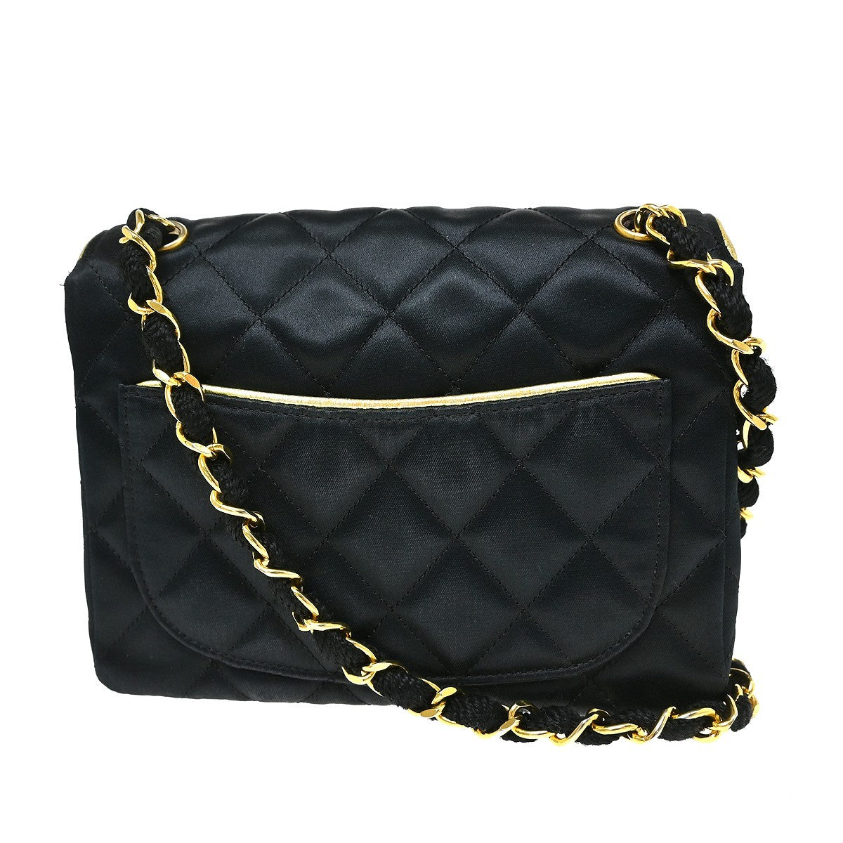 Chanel Vintage Square Classic Single Flap Quilted Satin Black Satin Handbag (Pre-Owned)