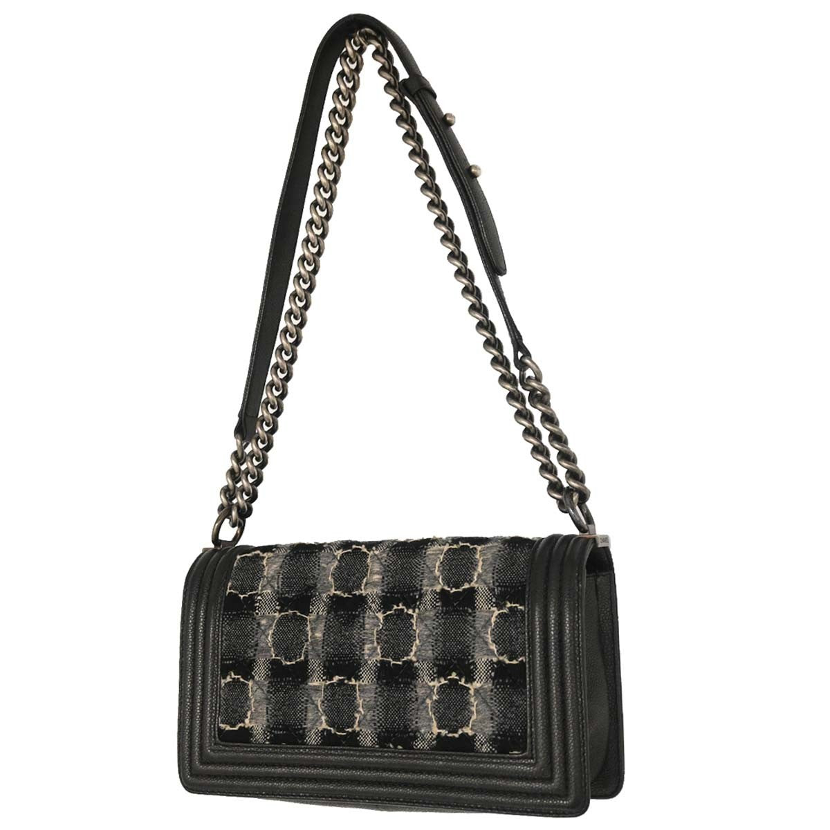 Chanel Boy Flap Tweed And Leather Black Leather Shoulder Bag Bag (Pre-Owned)