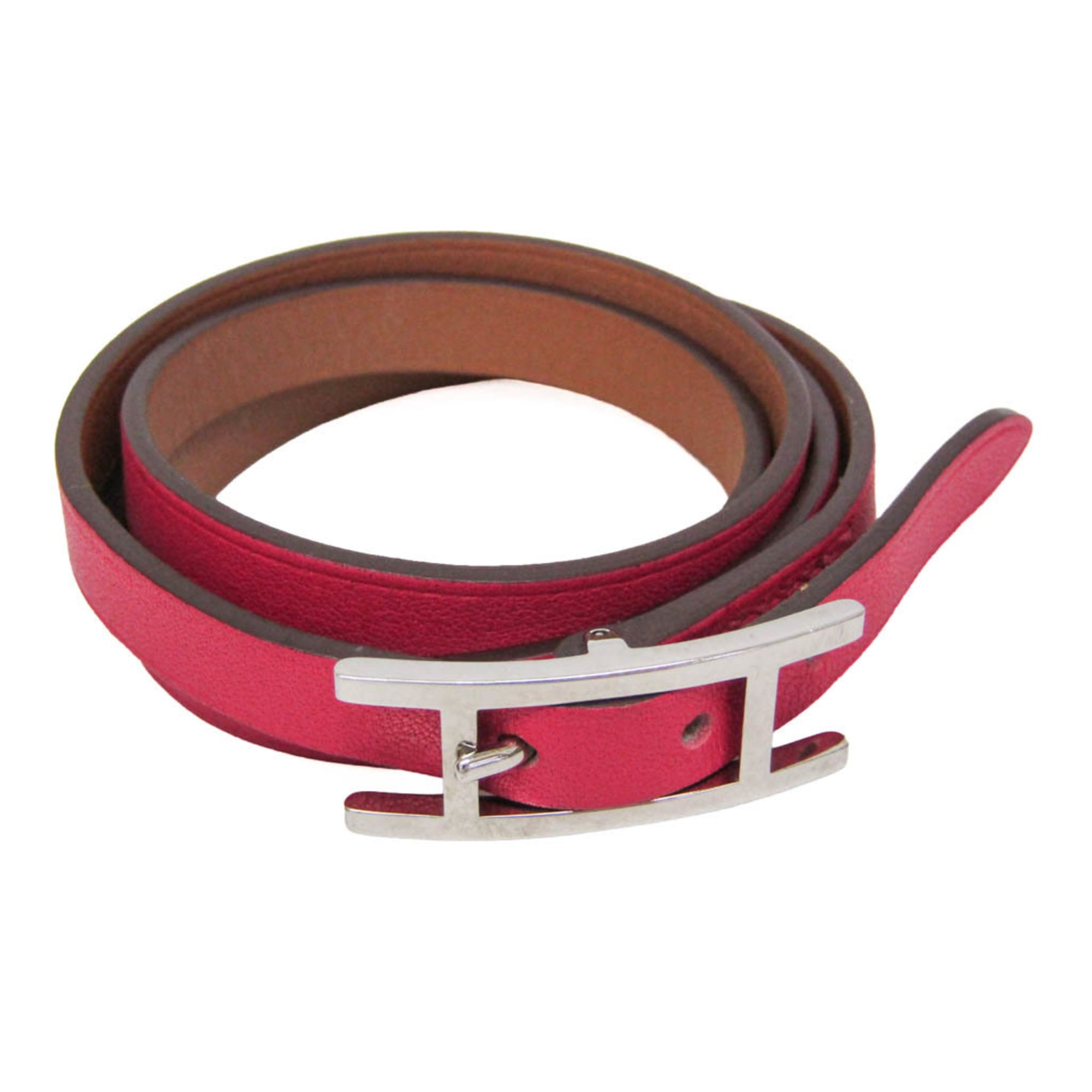 Hermes Hapi 3 Leather With Metal Pink Leather Bracelet Jewelry (Pre-Owned)