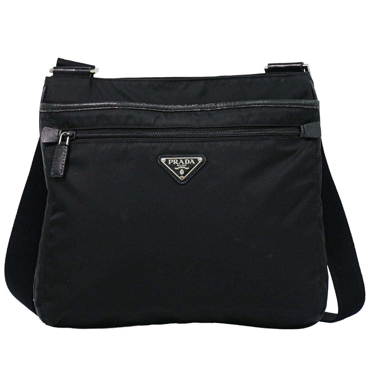 Prada Front Zip Messenger Quilted Tessuto Black Nylon Shoulder Bag Bag (Pre-Owned)