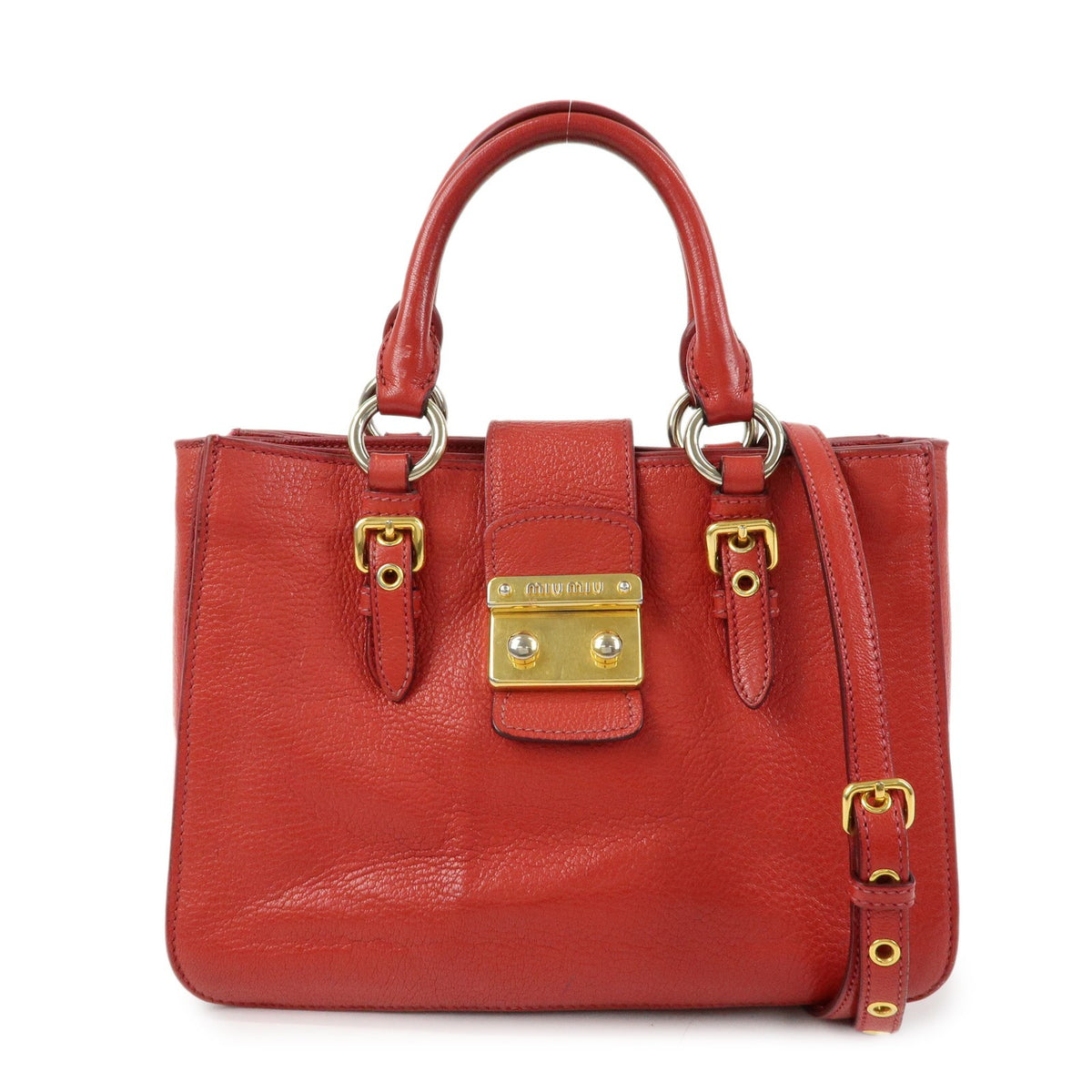 Miu Miu Madras Convertible Lock Leather Red Leather Tote Bag Bag (Pre-Owned)