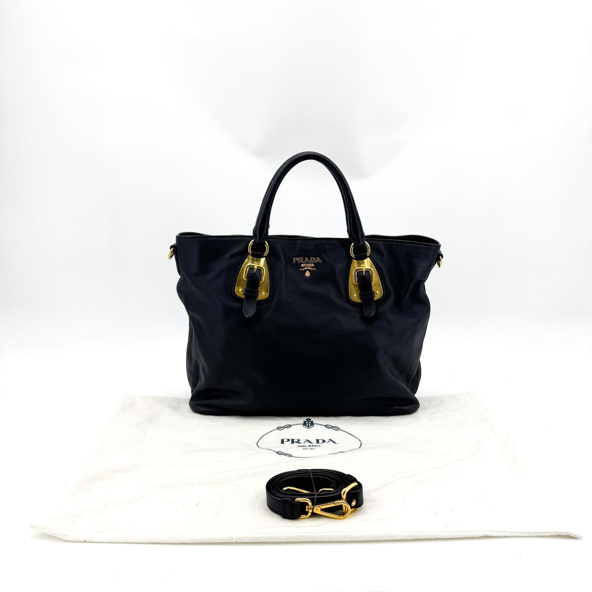 Prada Convertible Buckle Soft Calf Black Leather Tote Bag Bag (Pre-Owned)